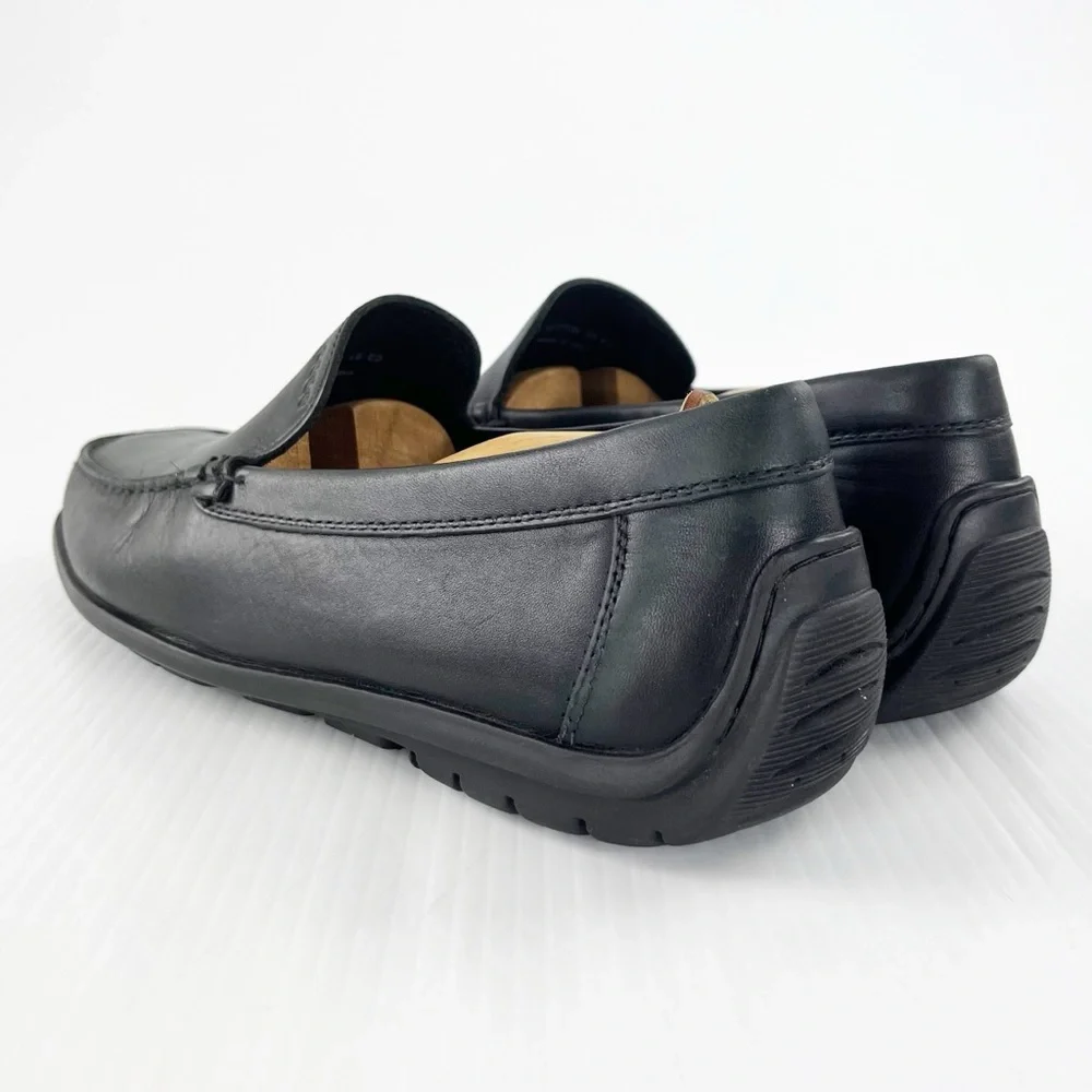 Ecco Black Leather Slip On Moc Toe Latex Sole Driving Loafers Shoes